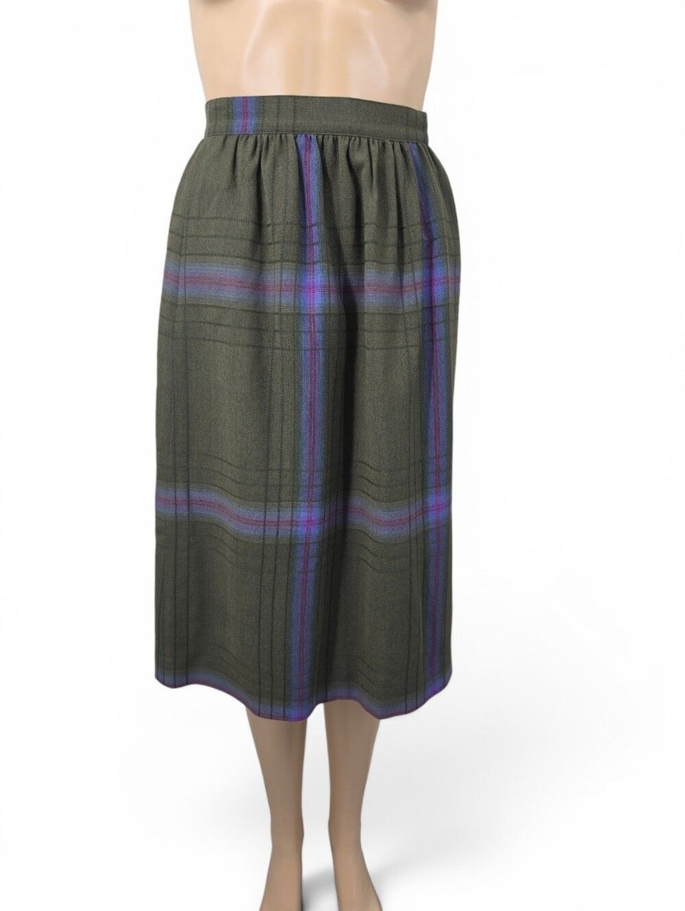 Vintage Wool Olive Green Plaid Midi Skirt Gathered Waist